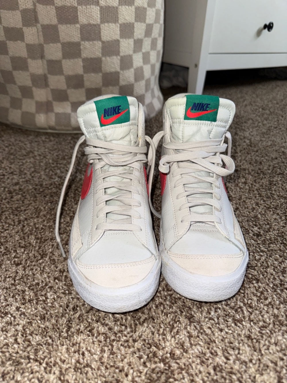 Nike High-Top Sneakers in White with Pink Swoosh and Green Tongue Logo